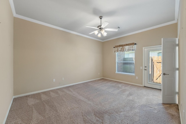 16506 Shimmering Lake Dr, Cypress, TX 77433 - carpeted empty room with ornamental molding, a ceiling fan, and baseboards