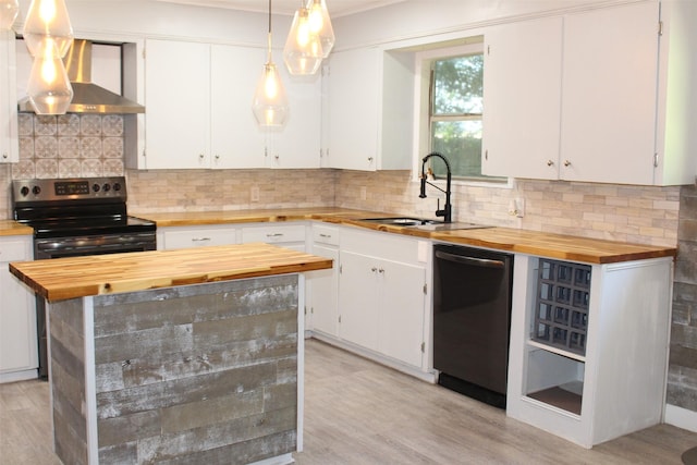 1314 Hooks St, Crockett, TX 75835 - kitchen with wooden counters, dishwasher, a sink, wall chimney range hood, and electric stove