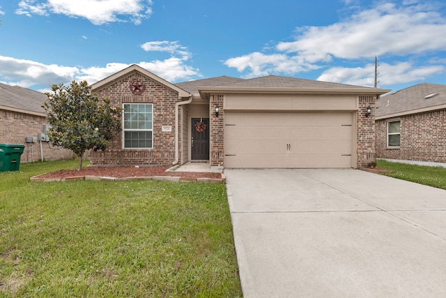 9526 Opal Gates Dr, Rosharon, TX 77583 - ranch-style home with brick siding, an attached garage, driveway, and a front yard