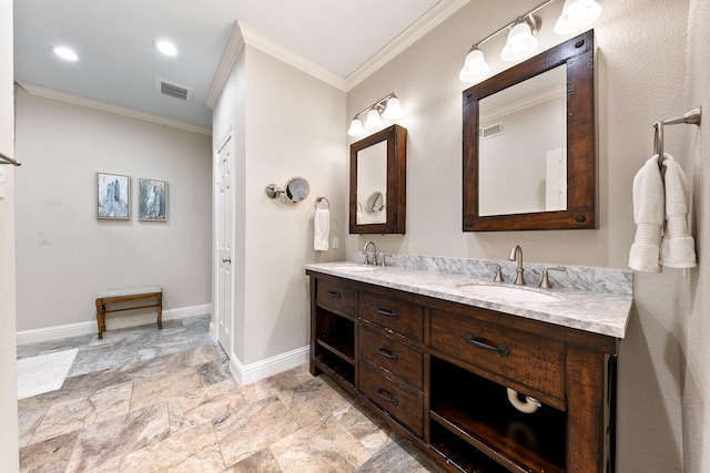 4510 Hazelton St, Houston, TX 77035 - bathroom featuring ornamental molding, stone tile flooring, double vanity, baseboards, and recessed lighting