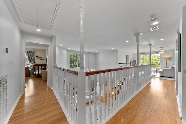 4510 Hazelton St, Houston, TX 77035 - hall with attic access, light wood finished floors, recessed lighting, and baseboards