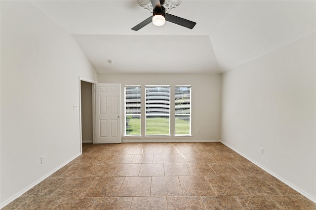 3418 Mcmahon Way, Missouri City, TX 77459 - unfurnished room featuring lofted ceiling, baseboards, a ceiling fan, and stone finish flooring