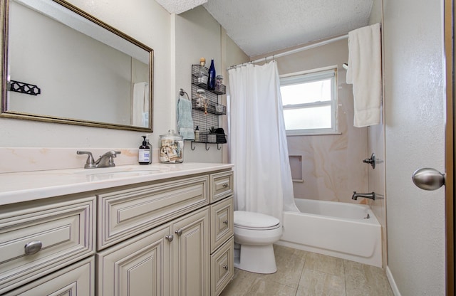 12211 3rd St, Santa Fe, TX 77510 - bathroom featuring toilet, a textured ceiling, vanity, and shower / tub combo with curtain