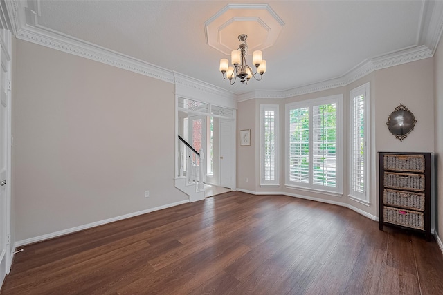 5807 Juniper Knoll Ln, Houston, TX 77345 - unfurnished room with dark wood-style floors, a chandelier, stairway, baseboards, and crown molding
