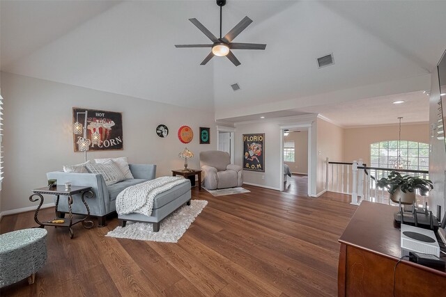 5807 Juniper Knoll Ln, Houston, TX 77345 - living area with a ceiling fan, wood finished floors, baseboards, and high vaulted ceiling