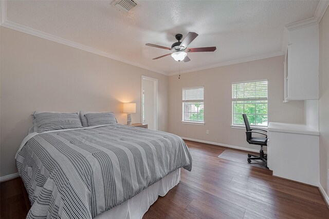 5807 Juniper Knoll Ln, Houston, TX 77345 - bedroom with dark wood finished floors, ornamental molding, baseboards, a desk, and a ceiling fan