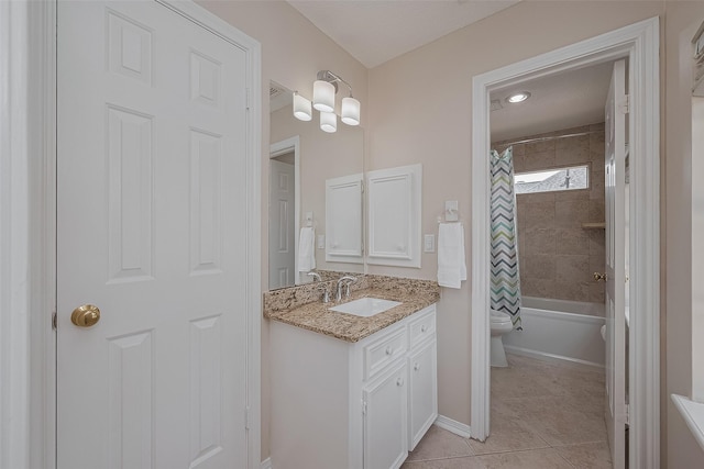 5807 Juniper Knoll Ln, Houston, TX 77345 - bathroom with vanity, toilet, tile patterned flooring, shower / tub combo, and baseboards