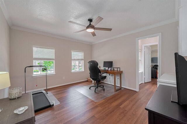5807 Juniper Knoll Ln, Houston, TX 77345 - office featuring ceiling fan, light wood finished floors, crown molding, a textured ceiling, and baseboards