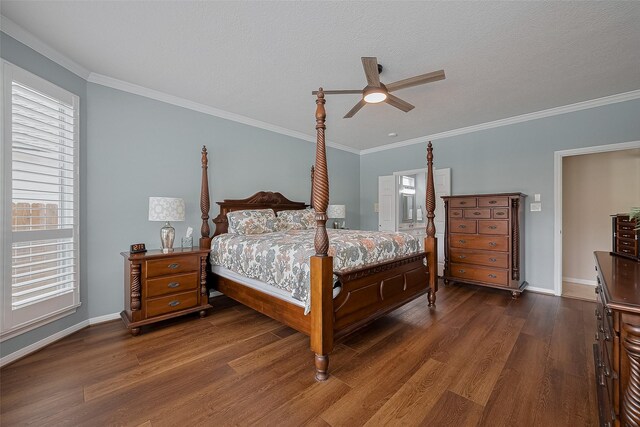 5807 Juniper Knoll Ln, Houston, TX 77345 - bedroom with dark wood-style flooring, multiple windows, baseboards, crown molding, and ceiling fan