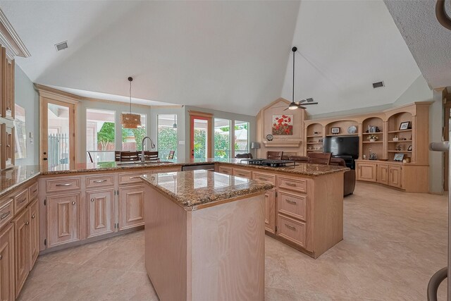 5807 Juniper Knoll Ln, Houston, TX 77345 - kitchen featuring a sink, a center island, ceiling fan, light stone counters, and high vaulted ceiling