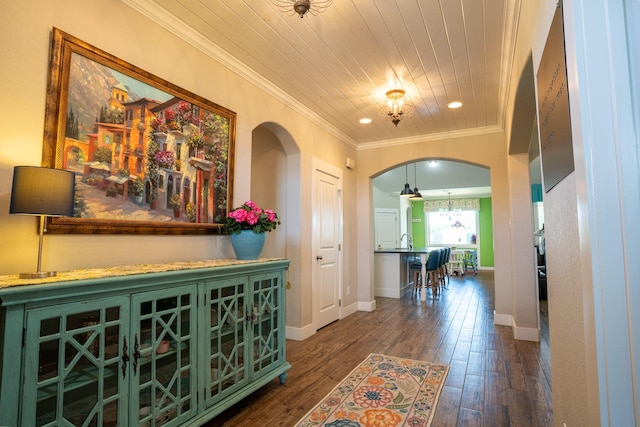 18084 Morning Dove Cir, College Station, TX 77845 - hall with crown molding, arched walkways, hardwood / wood-style flooring, baseboards, and recessed lighting