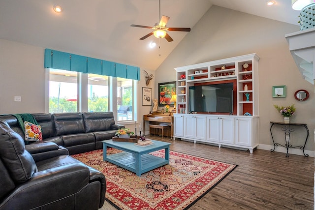 18084 Morning Dove Cir, College Station, TX 77845 - living room with ceiling fan, wood finished floors, high vaulted ceiling, and recessed lighting