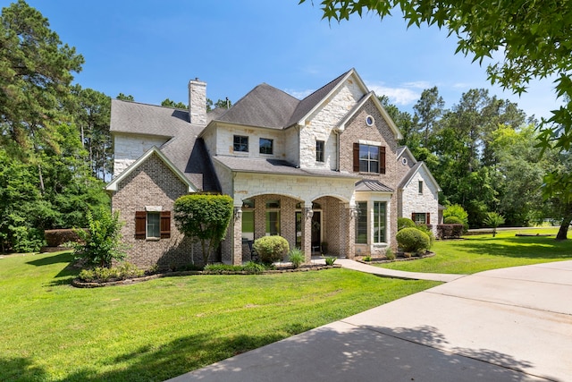 15557 Crown Oaks Dr, Montgomery, TX 77316 - french country home with stone siding, a front lawn, and a chimney