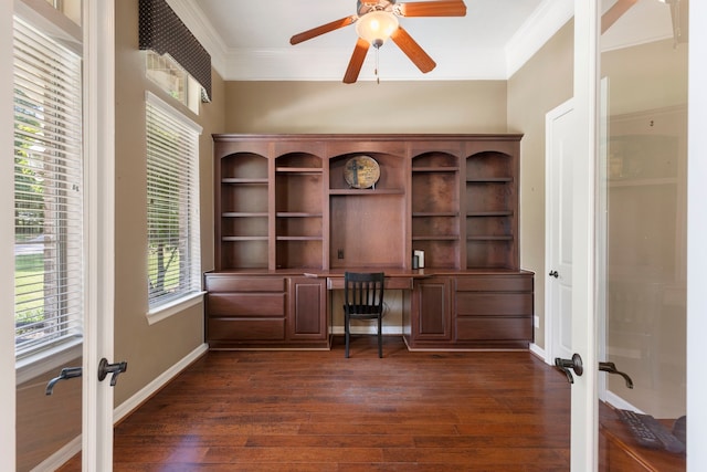 15557 Crown Oaks Dr, Montgomery, TX 77316 - unfurnished office with french doors, built in study area, ornamental molding, dark wood-style flooring, and a ceiling fan