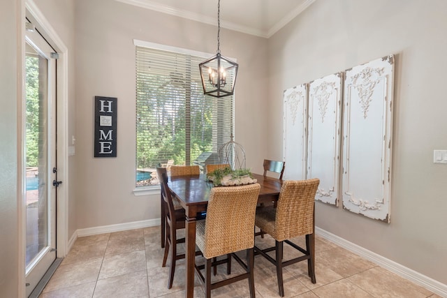 15557 Crown Oaks Dr, Montgomery, TX 77316 - dining area with a chandelier, healthy amount of natural light, crown molding, light tile patterned floors, and baseboards