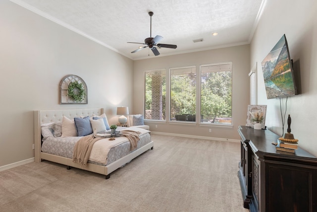 15557 Crown Oaks Dr, Montgomery, TX 77316 - bedroom with a textured ceiling, light carpet, baseboards, ornamental molding, and ceiling fan