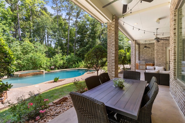 15557 Crown Oaks Dr, Montgomery, TX 77316 - view of patio / terrace with a ceiling fan, area for grilling, outdoor dining area, a pool with connected hot tub, and view of scattered trees