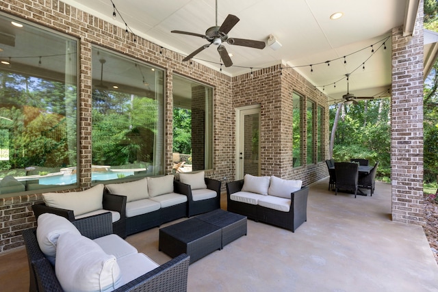 15557 Crown Oaks Dr, Montgomery, TX 77316 - view of patio featuring a ceiling fan, outdoor lounge area, an outdoor pool, and outdoor dining area
