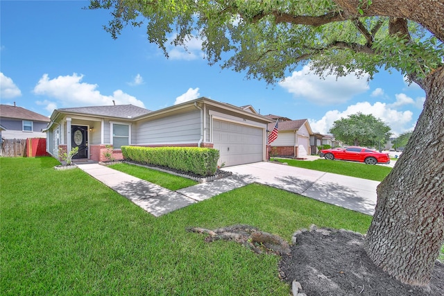 ranch-style home with a garage, concrete driveway, and brick siding