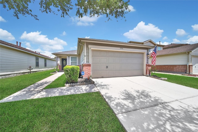 single story home with brick siding, driveway, a front lawn, and a garage