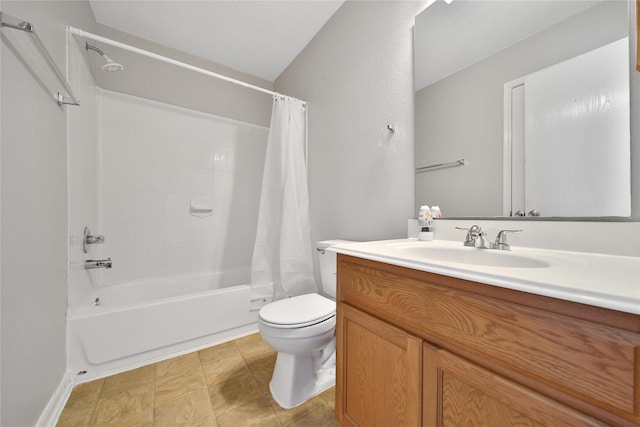 full bathroom with toilet, vanity, and shower / bathtub combination with curtain