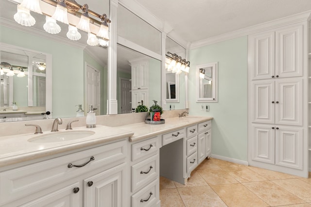 1022 Oak Leaf St, La Porte, TX 77571 - full bathroom featuring crown molding, double vanity, and tile patterned flooring