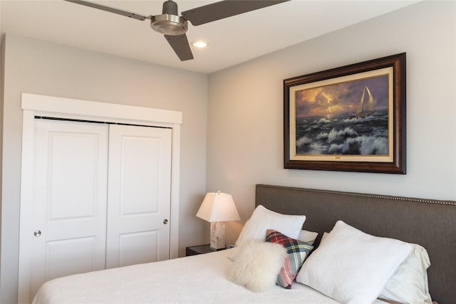29 Cmdr Runco Ln, Taylor Lake Village, TX 77586 - bedroom featuring a closet, recessed lighting, and ceiling fan
