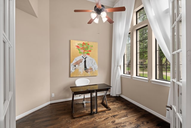 12011 Charlottes Bequest Cir, Cypress, TX 77433 - office area featuring dark wood-style floors, baseboards, a high ceiling, and a ceiling fan