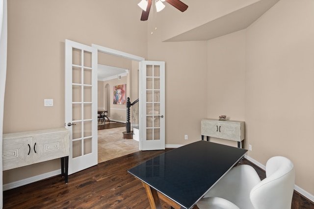 12011 Charlottes Bequest Cir, Cypress, TX 77433 - office space featuring french doors, wood finished floors, baseboards, ceiling fan, and a high ceiling