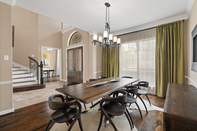 12011 Charlottes Bequest Cir, Cypress, TX 77433 - dining space featuring a chandelier, baseboards, stairs, and ornamental molding