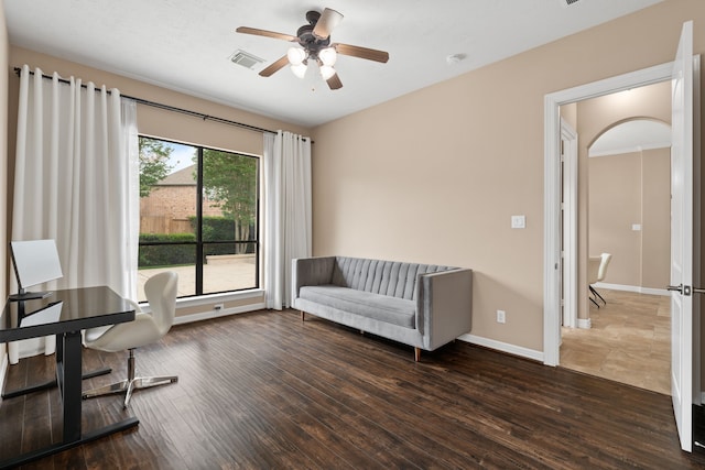 12011 Charlottes Bequest Cir, Cypress, TX 77433 - unfurnished office featuring arched walkways, ceiling fan, wood finished floors, and baseboards