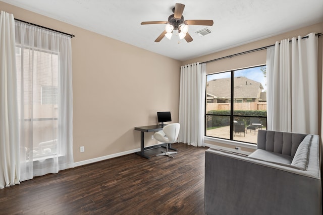 12011 Charlottes Bequest Cir, Cypress, TX 77433 - office featuring dark wood-style flooring, a ceiling fan, and baseboards