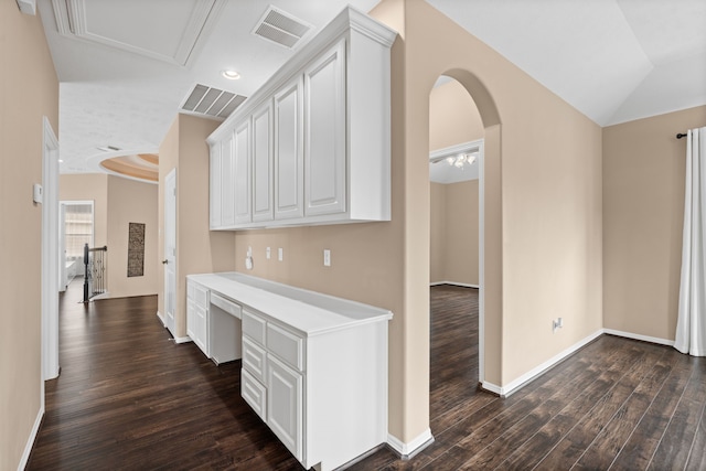 12011 Charlottes Bequest Cir, Cypress, TX 77433 - hallway featuring dark wood-style flooring, baseboards, arched walkways, and a desk