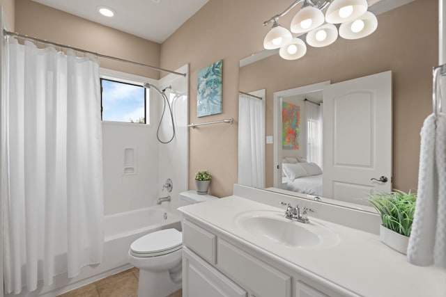 12011 Charlottes Bequest Cir, Cypress, TX 77433 - bathroom featuring shower / bathtub combination with curtain, vanity, a chandelier, toilet, and tile patterned flooring