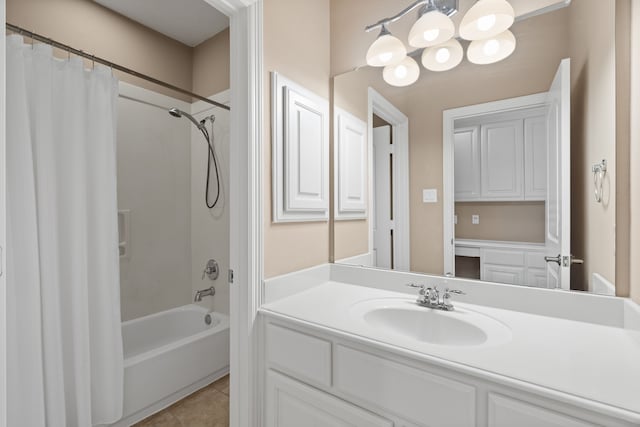 12011 Charlottes Bequest Cir, Cypress, TX 77433 - bathroom with a chandelier, vanity, shower / tub combo with curtain, and tile patterned floors