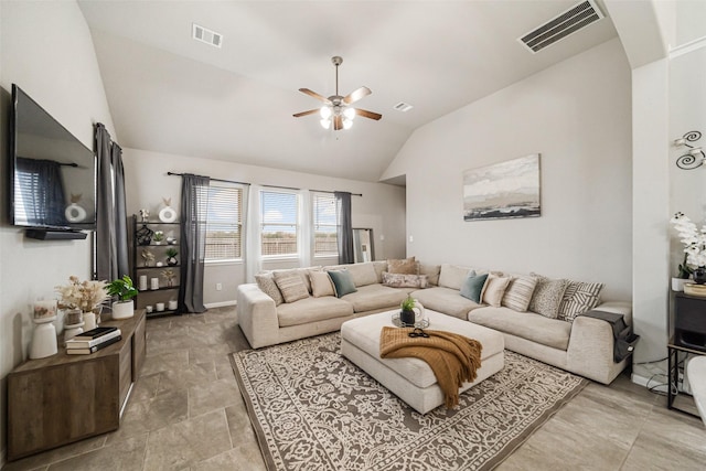31550 Elkcreek Bend Dr, Hockley, TX 77447 - living room featuring lofted ceiling, ceiling fan, and arched walkways