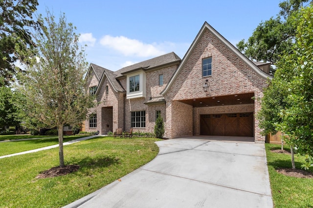 tudor house with concrete driveway, a front lawn, and brick siding