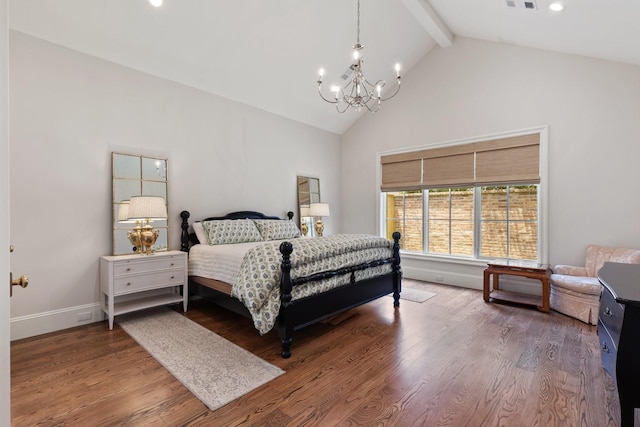 bedroom featuring a chandelier, beamed ceiling, high vaulted ceiling, wood finished floors, and baseboards