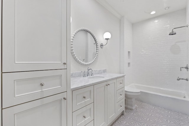 bathroom featuring toilet, vanity, recessed lighting, and  shower combination