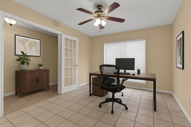 9715 Ballin David Dr, Spring, TX 77379 - home office with ceiling fan, baseboards, and light tile patterned flooring
