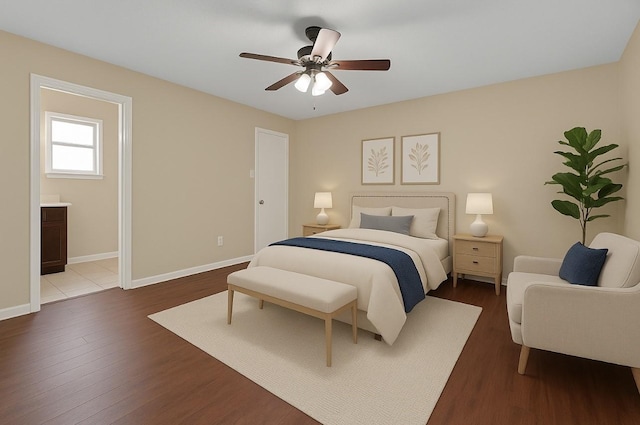 9715 Ballin David Dr, Spring, TX 77379 - bedroom with dark wood finished floors, baseboards, a ceiling fan, and ensuite bath