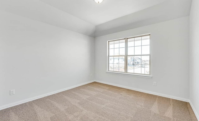 carpeted spare room featuring baseboards and lofted ceiling