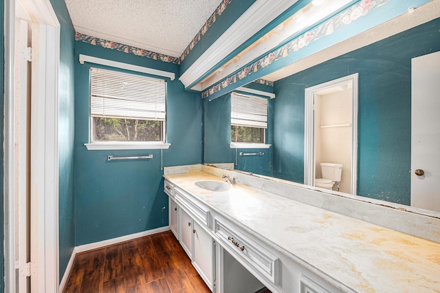 3823 Fernglade Dr, Houston, TX 77068 - bathroom with wood finished floors, vanity, toilet, baseboards, and a textured ceiling