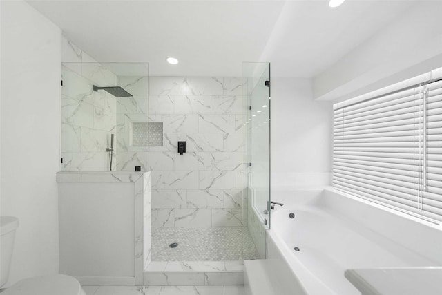 2644 Hadley Cir, Sugar Land, TX 77478 - full bathroom featuring recessed lighting, toilet, a garden tub, a marble finish shower, and marble look tile flooring