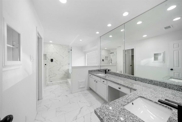 2644 Hadley Cir, Sugar Land, TX 77478 - full bathroom with recessed lighting, a marble finish shower, marble finish floors, and double vanity