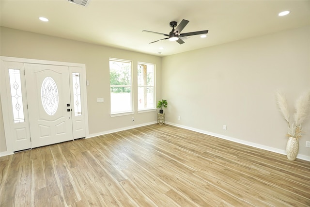 16803 Forest Trail Dr, Channelview, TX 77530 - entryway with ceiling fan, light wood finished floors, baseboards, and recessed lighting