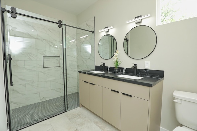 16803 Forest Trail Dr, Channelview, TX 77530 - bathroom with toilet, a marble finish shower, and double vanity