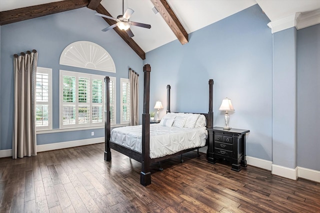 2919 Rutherford Place Ct, Katy, TX 77494 - bedroom with dark wood finished floors, baseboards, beamed ceiling, ceiling fan, and high vaulted ceiling