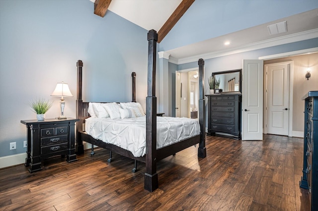 2919 Rutherford Place Ct, Katy, TX 77494 - bedroom featuring beam ceiling, dark wood-style floors, high vaulted ceiling, baseboards, and ornamental molding