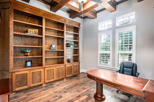 2919 Rutherford Place Ct, Katy, TX 77494 - office featuring beamed ceiling, coffered ceiling, dark wood-style floors, and baseboards